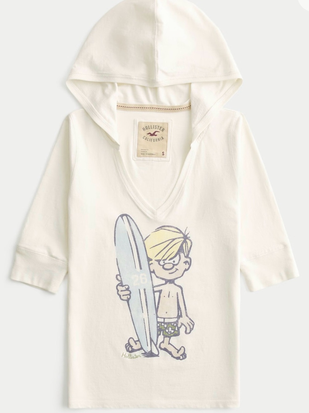 Hollister Cream Hooded Surf Graphic Tunic Half-Sleeve Waxer Graphic Tee xxl